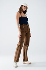 STRAIGHT MARINE STYLE JEANS WITH GOLDEN BUTTONS DETAILS BROWN