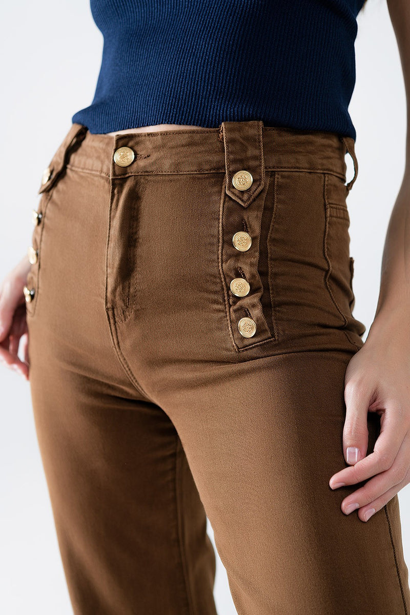 STRAIGHT MARINE STYLE JEANS WITH GOLDEN BUTTONS DETAILS BROWN