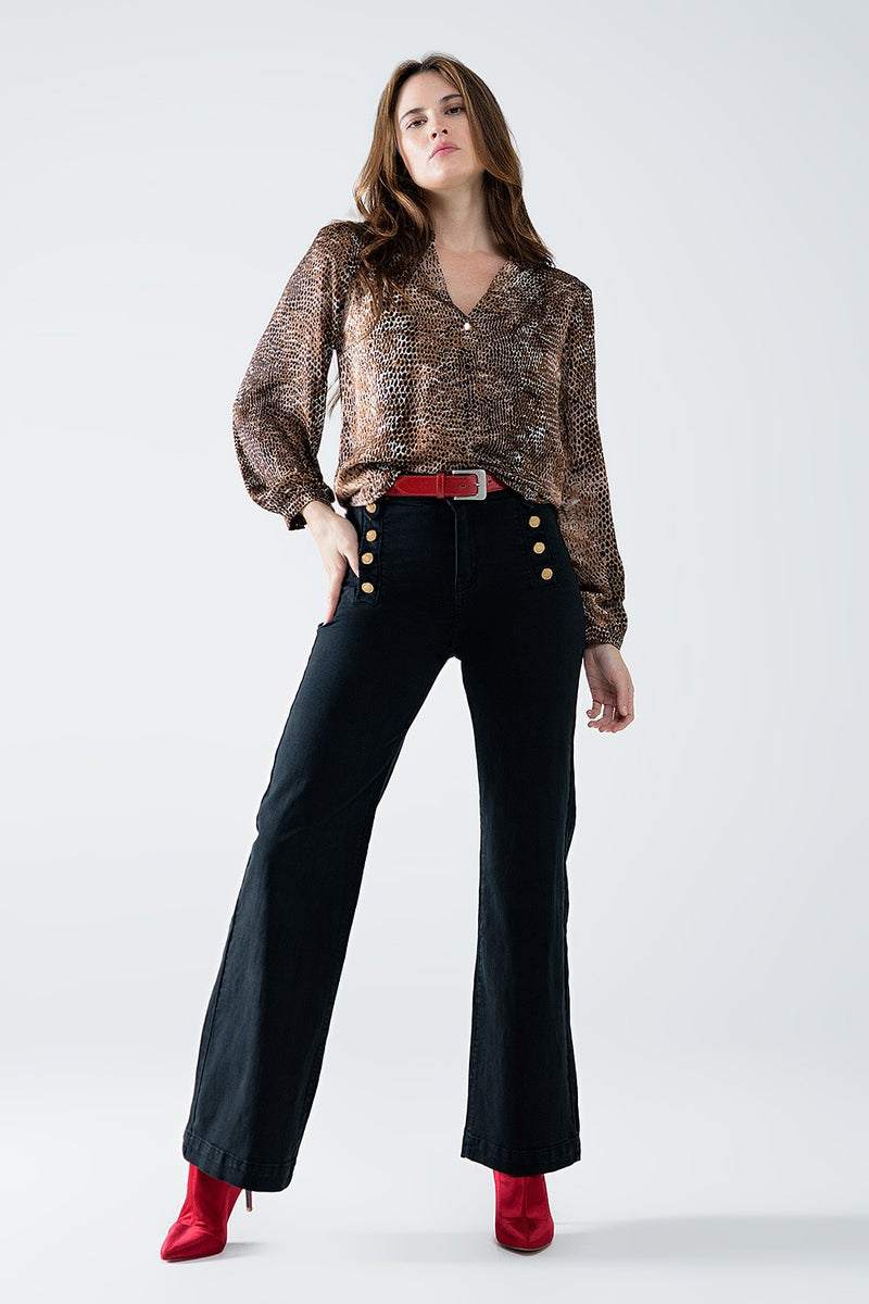 STRAIGHT MARINE STYLE JEANS WITH GOLDEN BUTTONS DETAILS BLACK