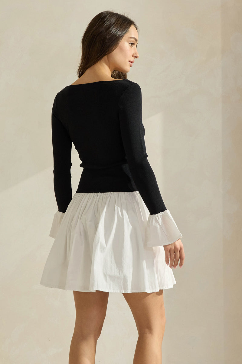 Contrast Knit and Poplin Mini Dress - Black & White