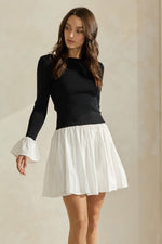 Contrast Knit and Poplin Mini Dress - Black & White