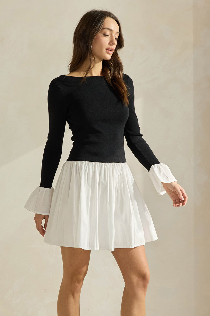 Contrast Knit and Poplin Mini Dress - Black & White