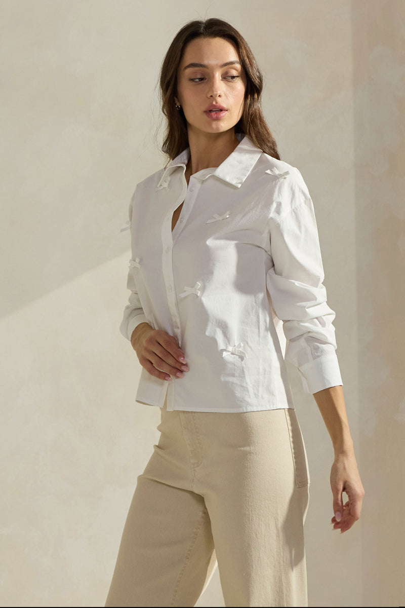 Classic White Button-Up Shirt with Bow Detailing