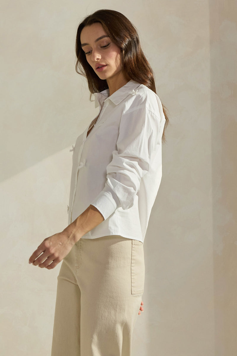 Classic White Button-Up Shirt with Bow Detailing