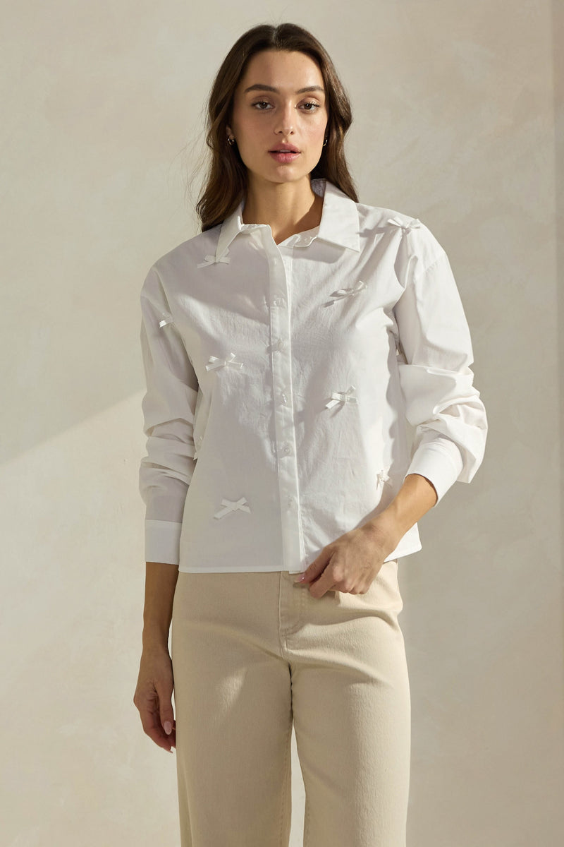 Classic White Button-Up Shirt with Bow Detailing