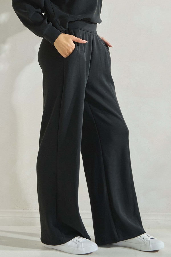 High-Waisted Wide Leg Lounge Pants with Elastic Waist and Pockets