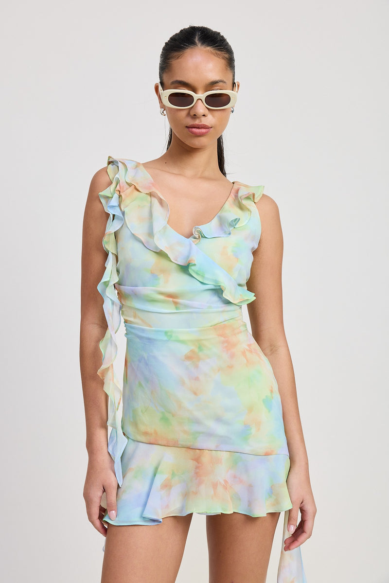 Pastel Watercolor Ruffle Wrap Mini Dress – Amanda Jean NYC
