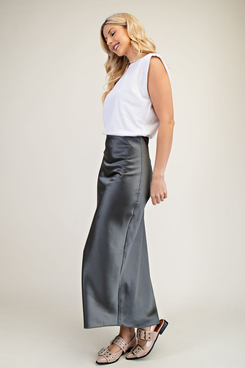 Satin High-Waisted Midi Slip Skirt – Charcoal Gray