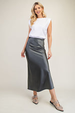 Satin High-Waisted Midi Slip Skirt – Charcoal Gray