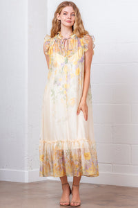 Floral Chiffon Ruffle Sleeve Midi Dress with Sheer Hem