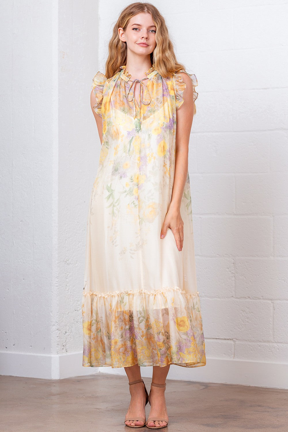 chiffon ruffle midi dress Floral Chiffon Ruffle Sleeve Midi Dress with Sheer Hem