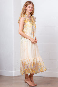 Floral Chiffon Ruffle Sleeve Midi Dress with Sheer Hem