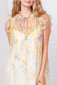 Floral Chiffon Ruffle Sleeve Midi Dress with Sheer Hem