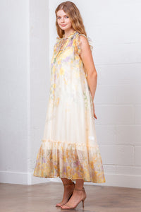 Floral Chiffon Ruffle Sleeve Midi Dress with Sheer Hem