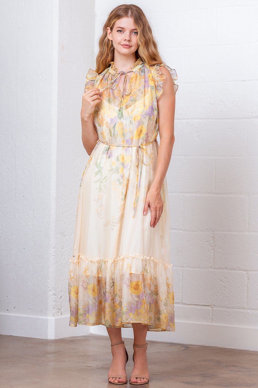 Floral Chiffon Ruffle Sleeve Midi Dress with Sheer Hem