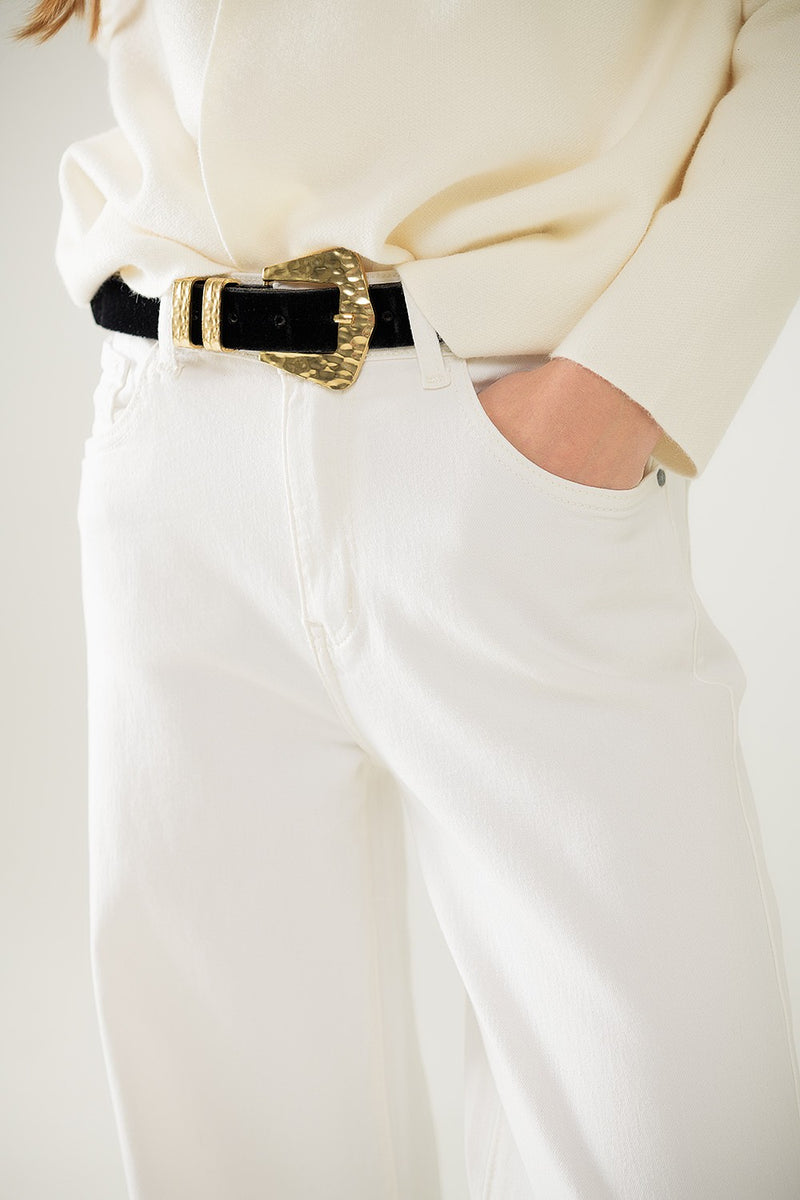 High-Waisted Wide-Leg Jeans with Leopard Cuff - White