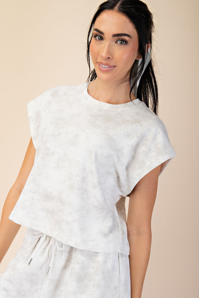 White Tie-Dye Cap Sleeve Crop Top with Relaxed Fit