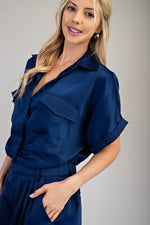 Satin Utility Button-Up Blouse – Deep Navy Blue