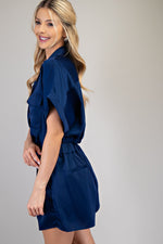 Satin Utility Button-Up Blouse – Deep Navy Blue