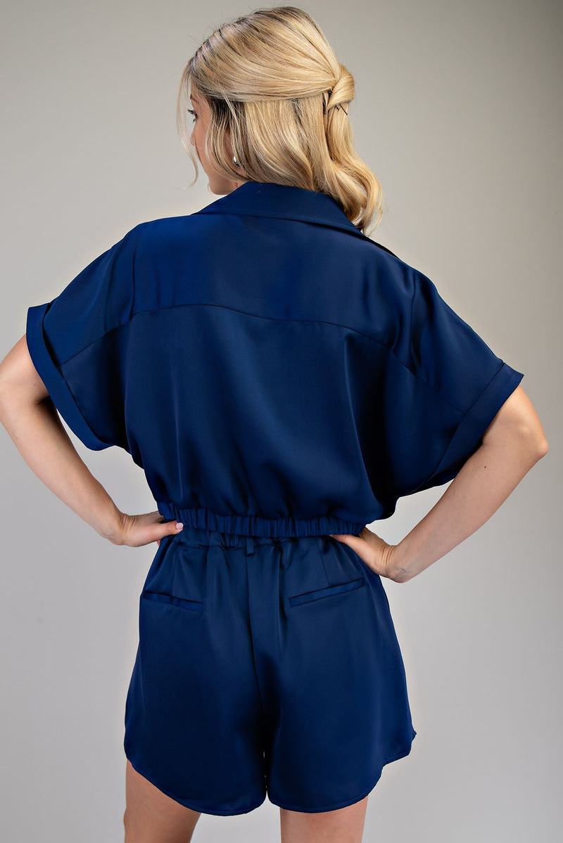 Satin Utility Button-Up Blouse – Deep Navy Blue