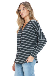 Striped Ribbed Half-Zip Pullover Top