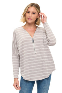 Striped Ribbed Half-Zip Pullover Top