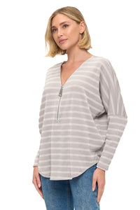Striped Ribbed Half-Zip Pullover Top