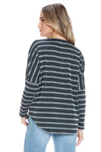 Striped Ribbed Half-Zip Pullover Top