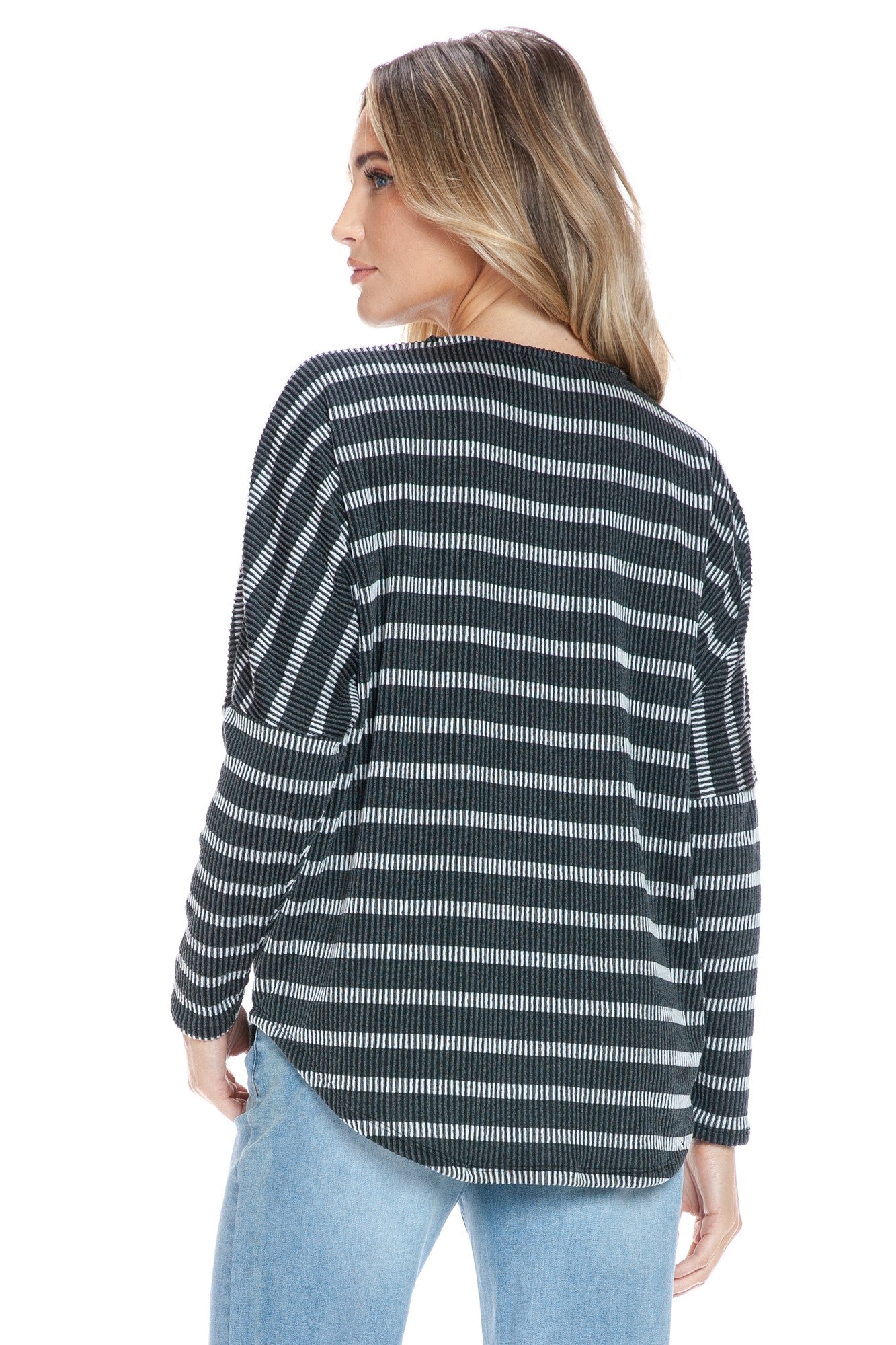 Striped Ribbed Half-Zip Pullover Top