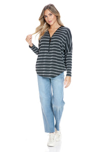 Striped Ribbed Half-Zip Pullover Top