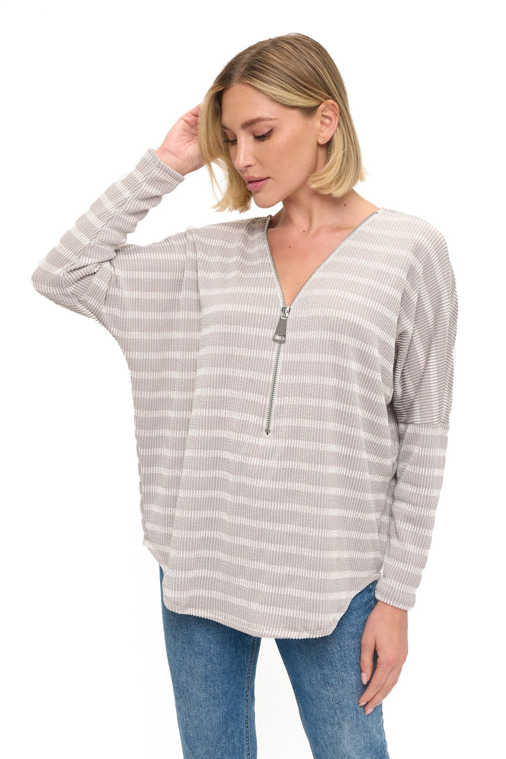 Striped Ribbed Half-Zip Pullover Top