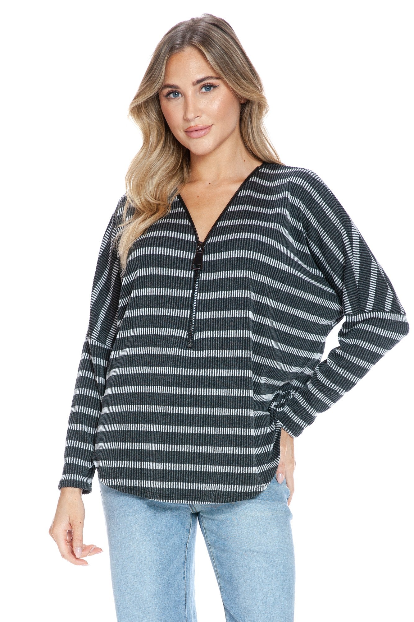Striped Ribbed Half-Zip Pullover Top