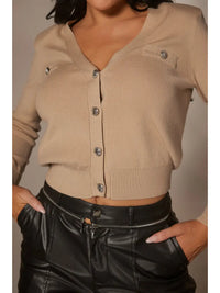 Nude Button-Up Knit Cardigan with Crystal Accent Buttons