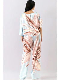 Blue Satin Floral Dolman Sleeve Top & Wide-Leg Pants Set
