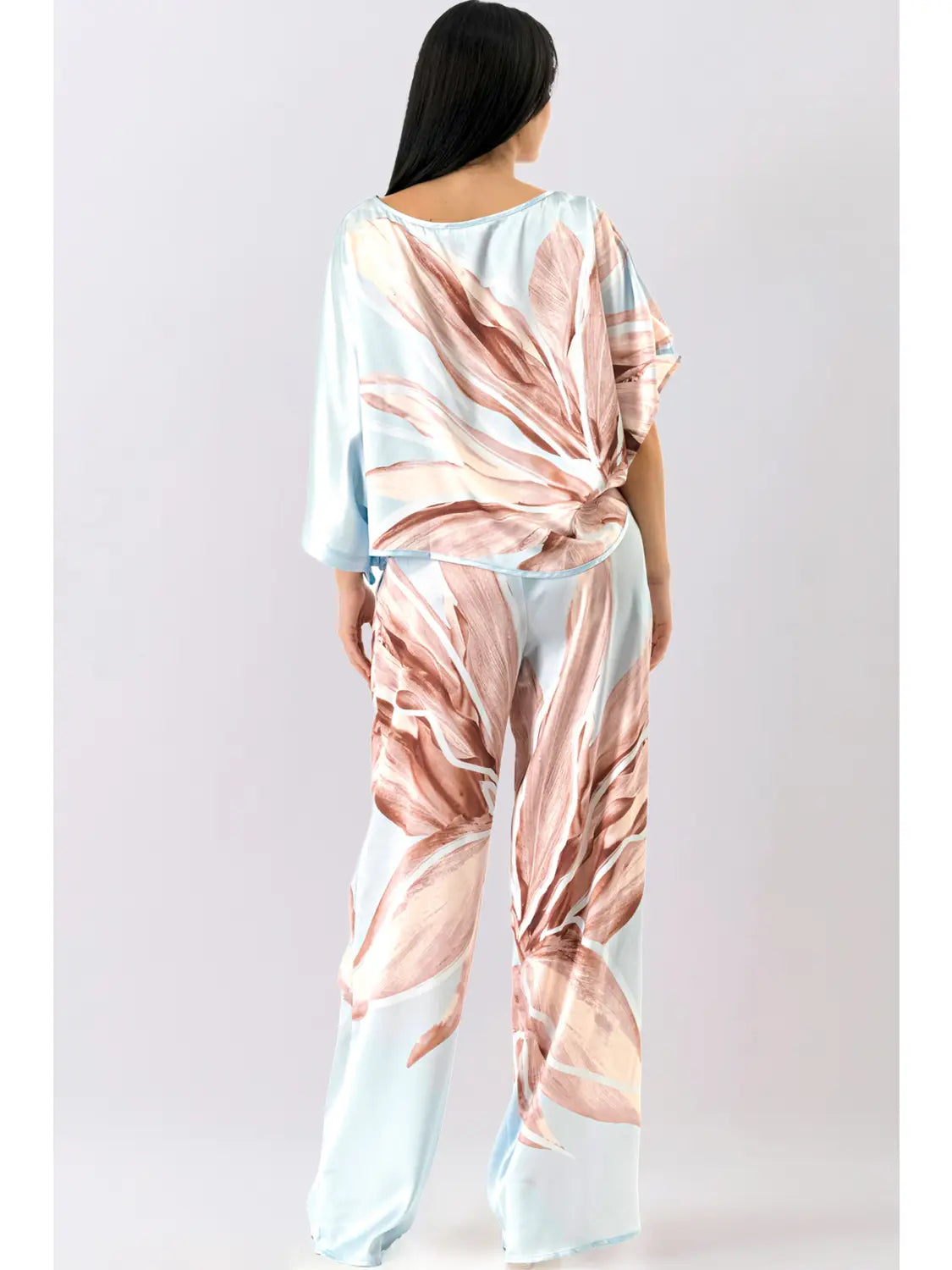 Blue Satin Floral Dolman Sleeve Top & Wide-Leg Pants Set