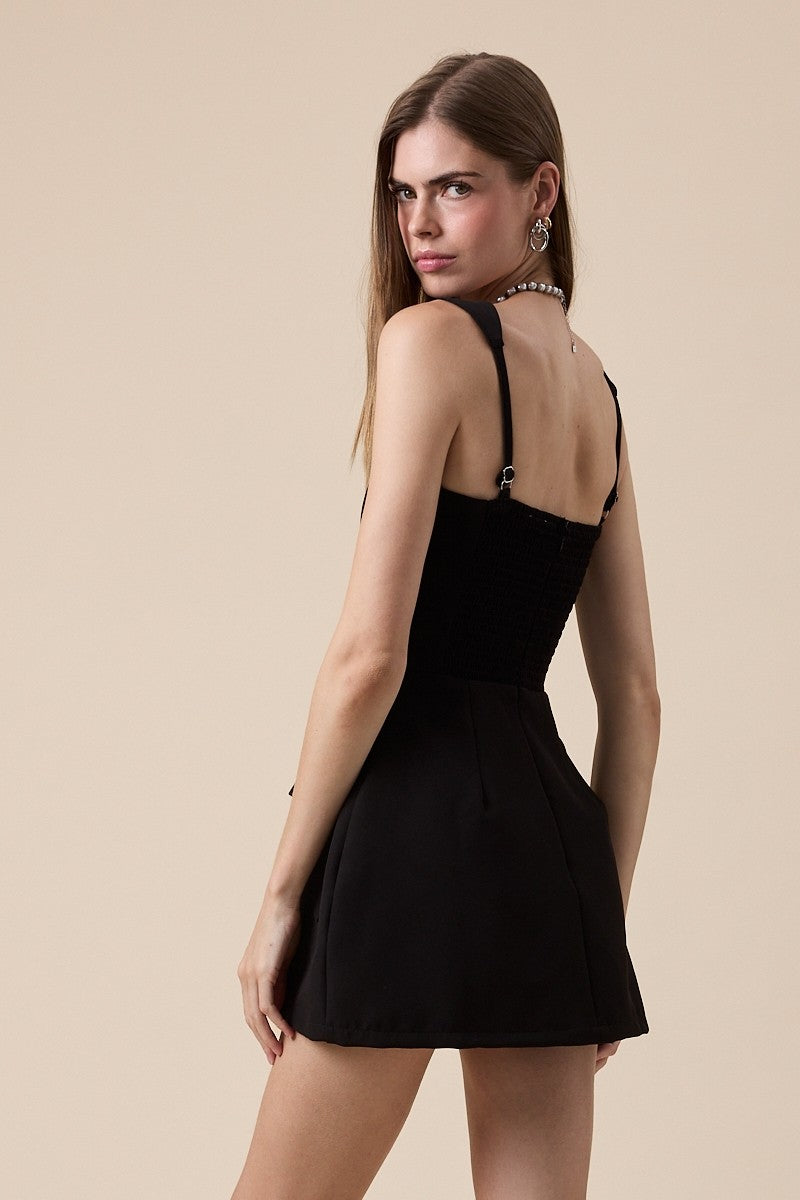 Black Structured Square Neck Mini Dress with Wide Straps