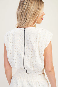 White Eyelet Crop Top with Cap Sleeves and Zipper Back
