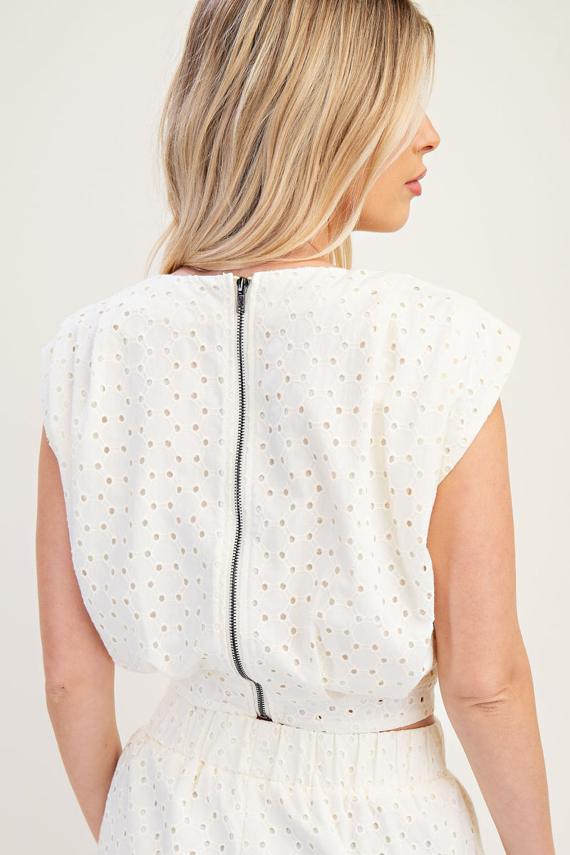 White Eyelet Crop Top with Cap Sleeves and Zipper Back