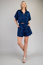 Navy Blue Pleated High-Waist Shorts