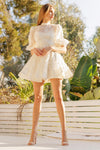 Ivory Puff Sleeve Mini Dress with 3D Floral Embellishments
