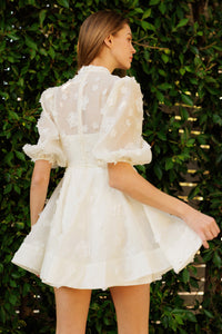 Ivory Puff Sleeve Mini Dress with 3D Floral Embellishments
