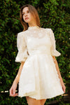 Ivory Puff Sleeve Mini Dress with 3D Floral Embellishments