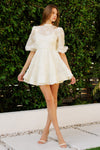 Ivory Puff Sleeve Mini Dress with 3D Floral Embellishments