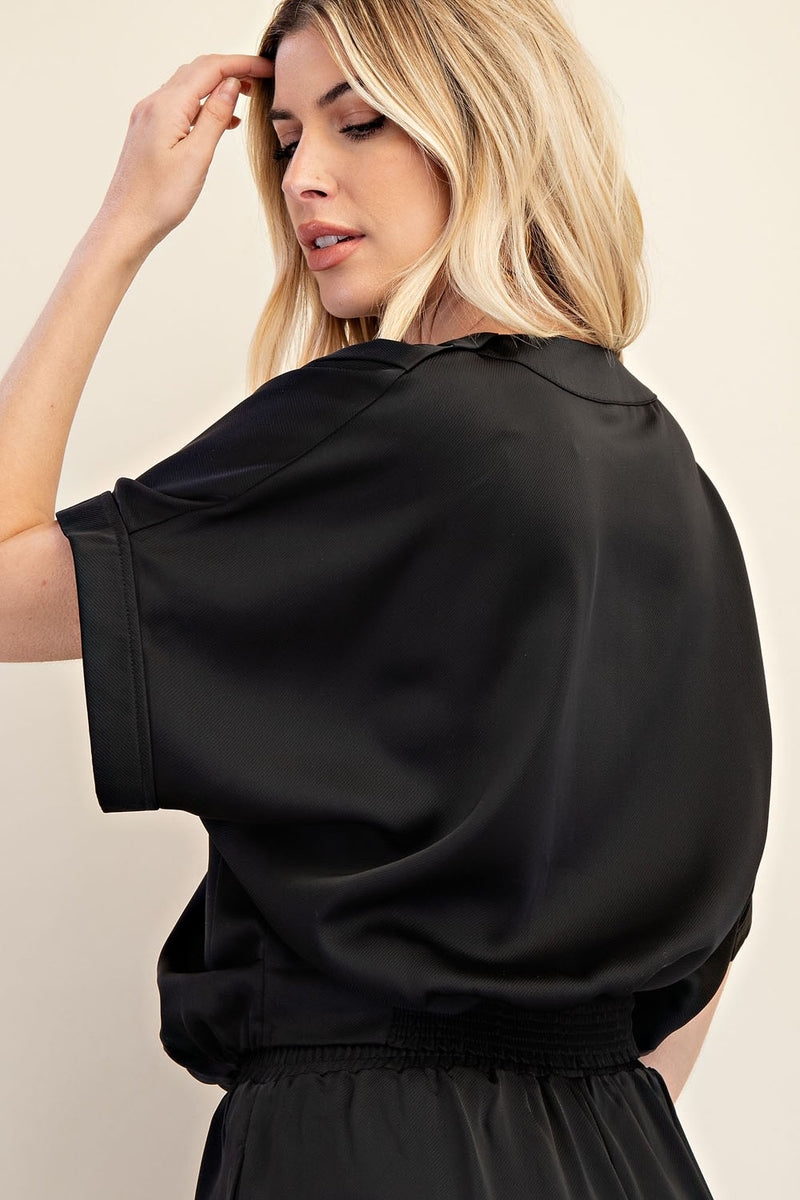 Black Draped V-Neck Blouse with Dolman Sleeves