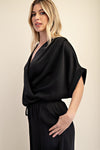 Black Draped V-Neck Blouse with Dolman Sleeves