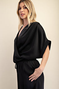 Black Draped V-Neck Blouse with Dolman Sleeves
