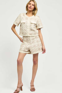 Nude Lace Cropped Button-Up Top