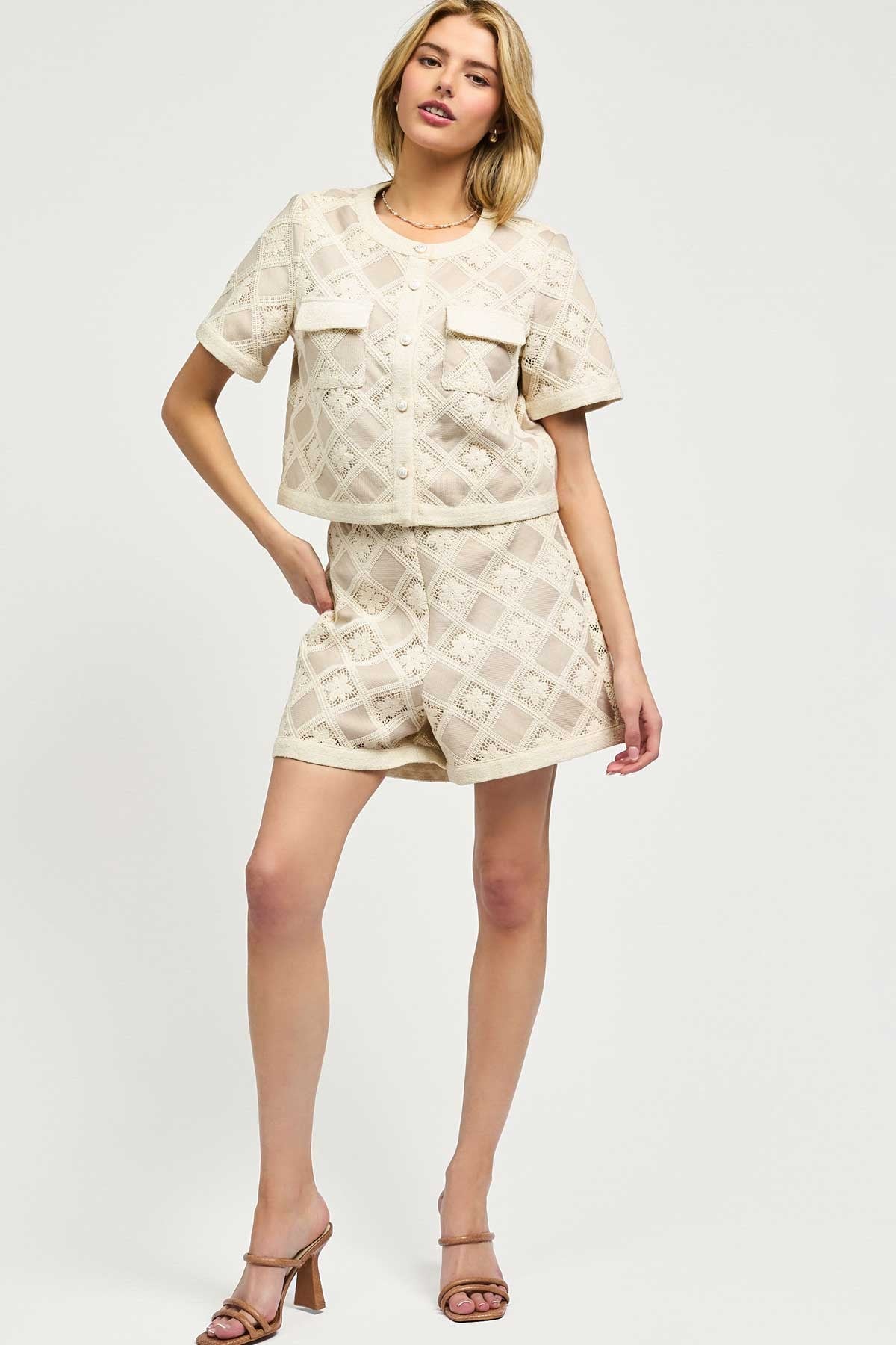 Nude Lace Cropped Button-Up Top