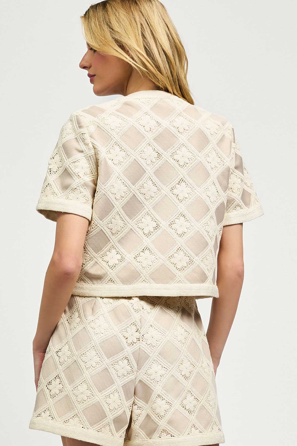 Nude Lace Cropped Button-Up Top