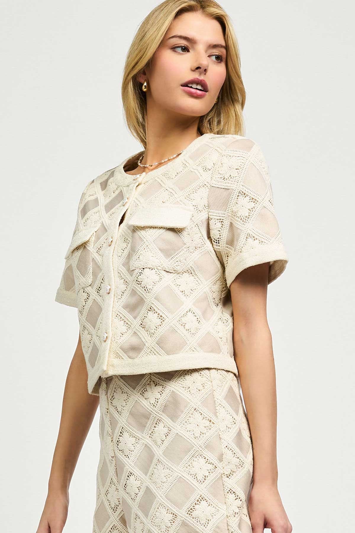 Nude Lace Cropped Button-Up Top